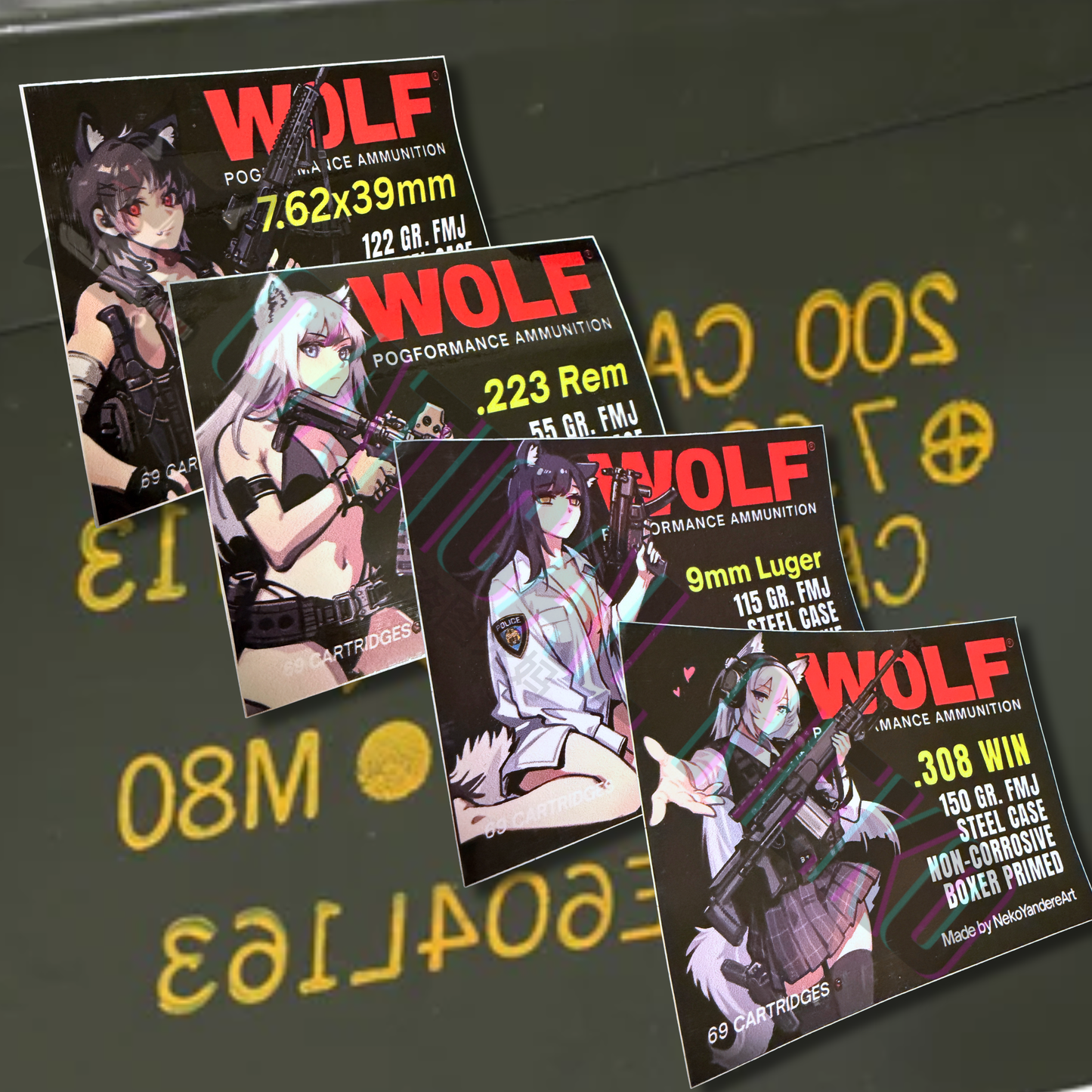 Wolf 9mm Luger Custom Anime Sticker Decal